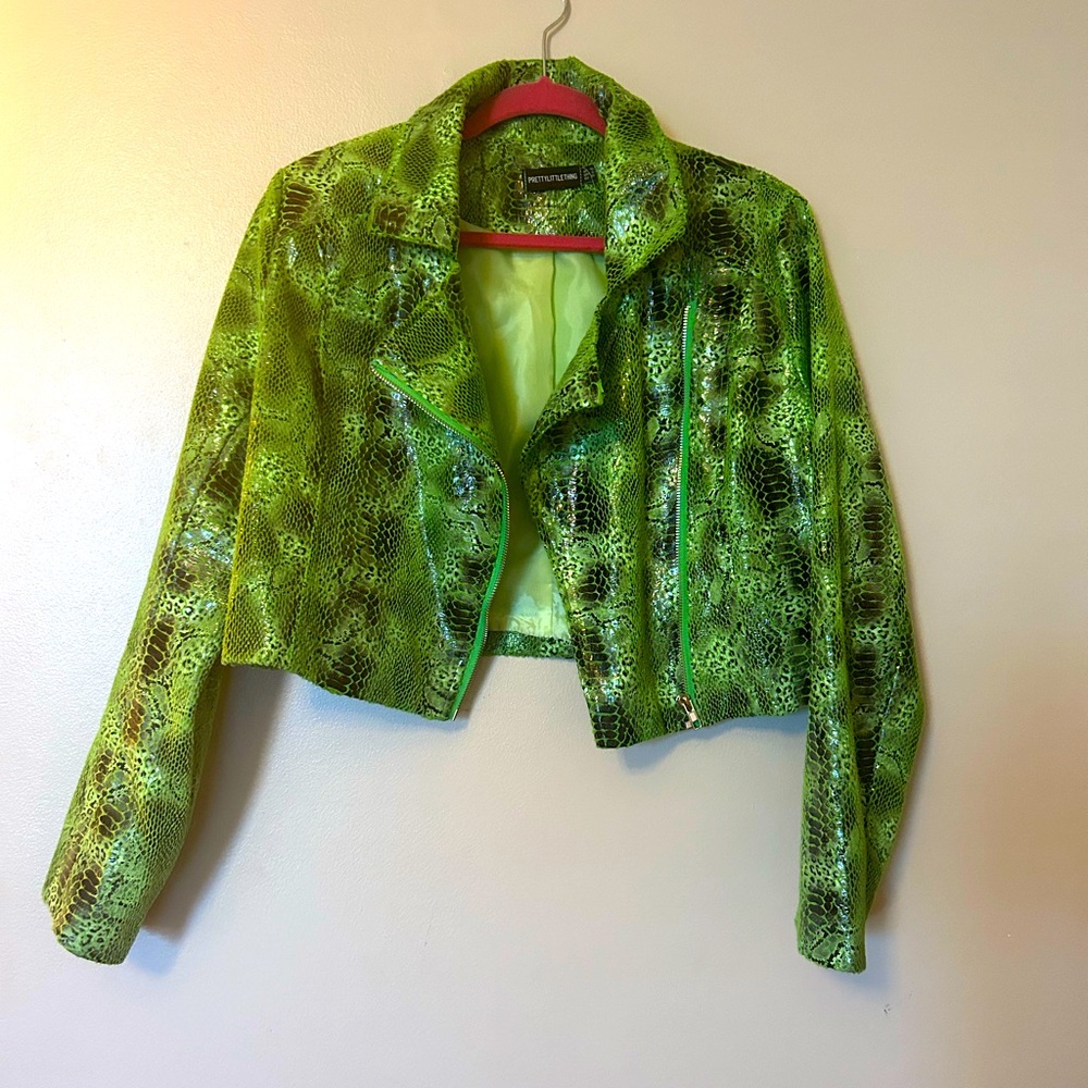 Green Snake Print Leather Jacket